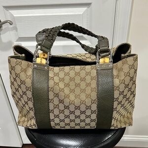 Gucci Beige GG Canvas Satchel with Olive Leather Trim